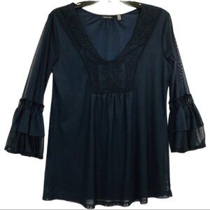 Verve Ami Tunic Top Womens M Navy Blue Boho Crochet Detail Bell Sleeves V Neck